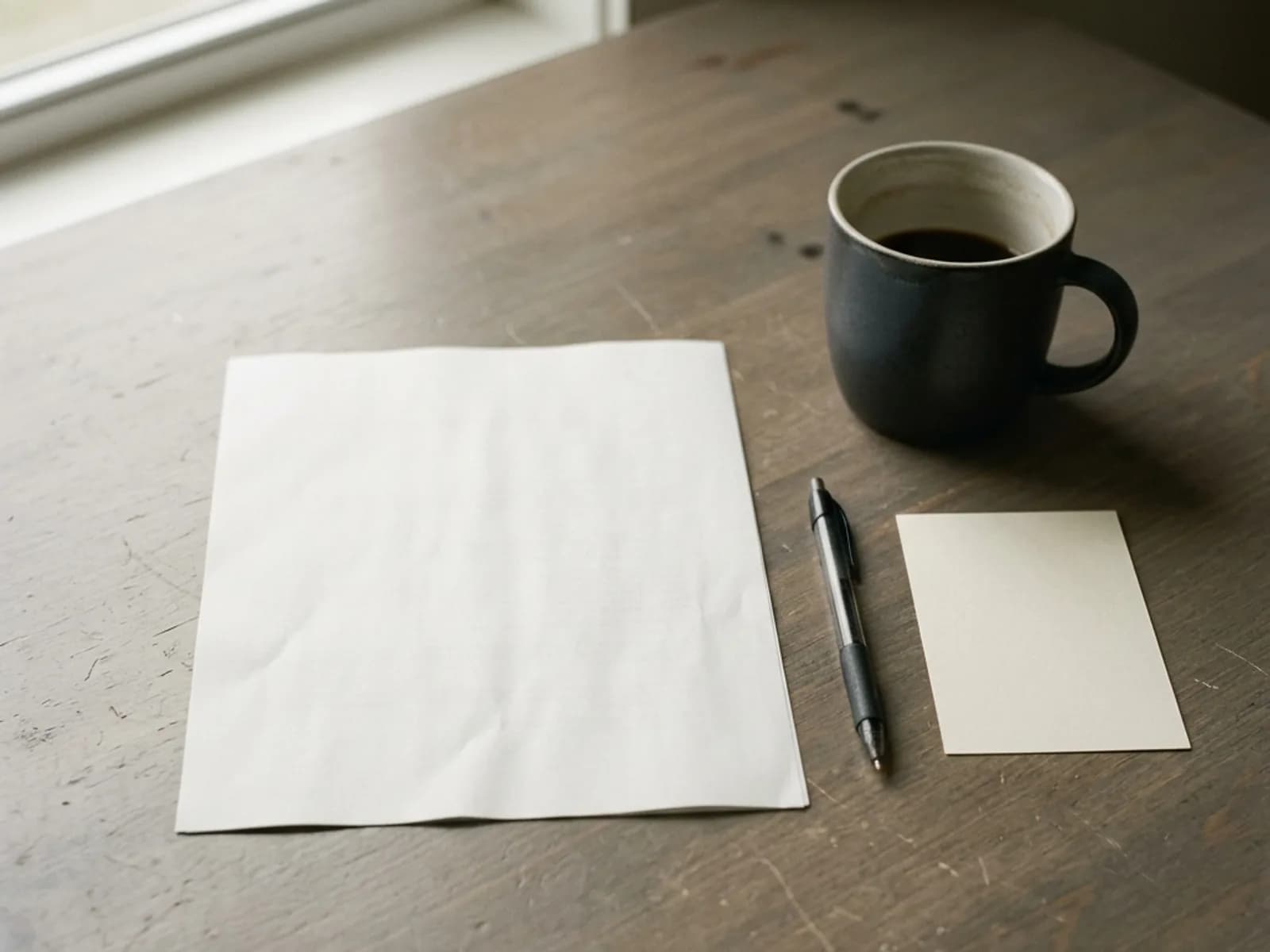 A blank sheet of paper, a pen, a note card and a cup of black coffee on a dark desk by a window.